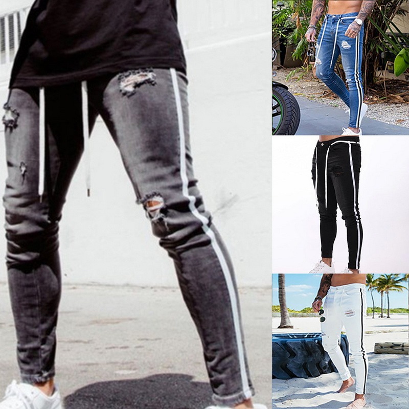 Men's Skinny Jeans Hole Ripped  Fashion Jeans Slim Big Size The Side Stripe White Jeans Jeans Skinny Trousers