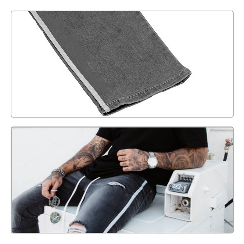 Men's Skinny Jeans Hole Ripped  Fashion Jeans Slim Big Size The Side Stripe White Jeans Jeans Skinny Trousers