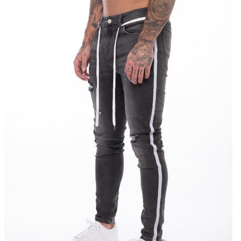 Men's Skinny Jeans Hole Ripped  Fashion Jeans Slim Big Size The Side Stripe White Jeans Jeans Skinny Trousers