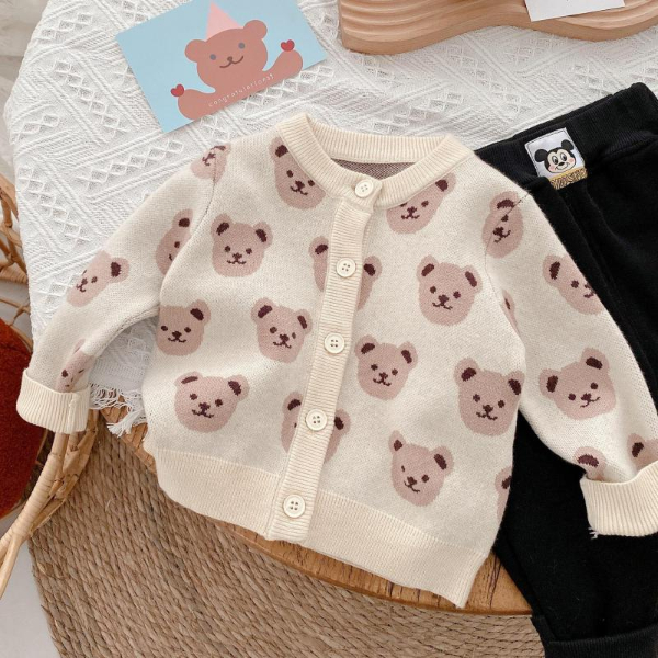 2022 Autumn Toddler Boys Knitted Sweater Baby Boys Cartoon Bear Cardigans Outwear Children  Tops