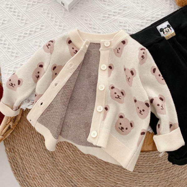 2022 Autumn Toddler Boys Knitted Sweater Baby Boys Cartoon Bear Cardigans Outwear Children  Tops