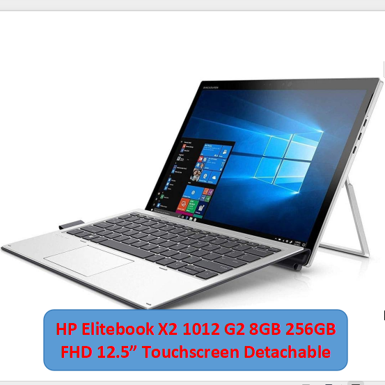 (Free Mouse) Hp Elitebook X2 1012 G2 Detachable 2 in 1 8GB 256GB FHD 12.5" Touch Screen - Refurbished Business Student Laptop - Office 2019 Windows 10 Pro Notebook Silver