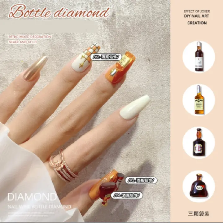 3 pieces of nail art wine bottle accessories mini three-dimensional XO wine red wine DIY shiny nail stickers drill with decorations