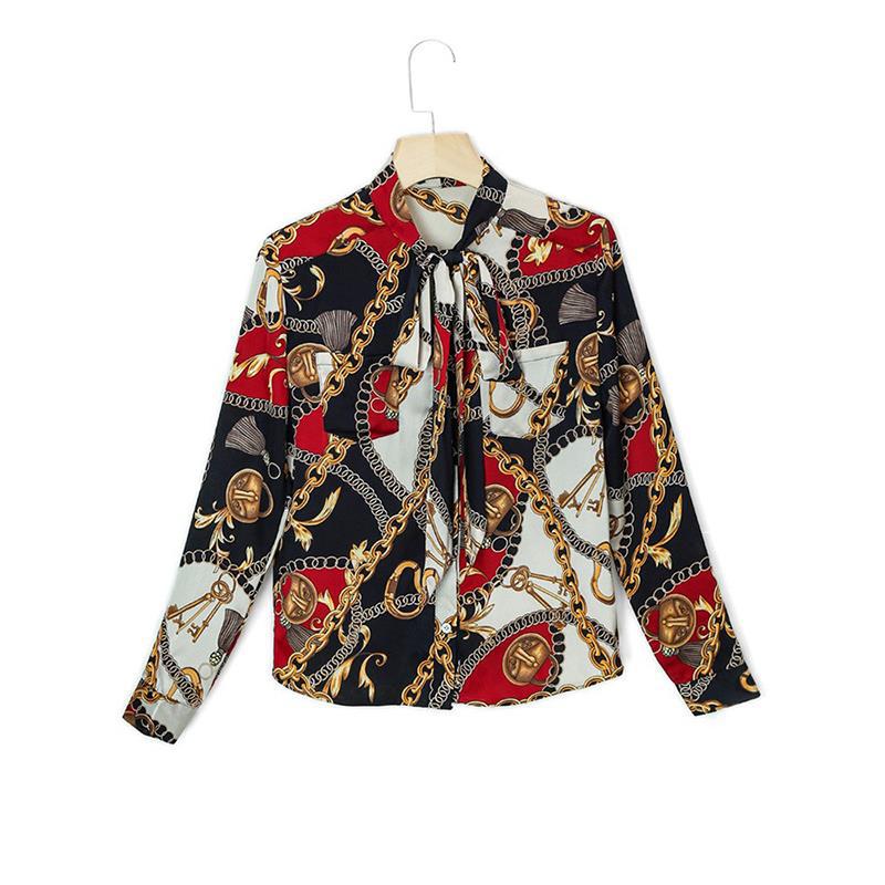 2021 High quality Explosion models fashion chain printing ladies shirt neckline with long-sleeved casual shirt tops