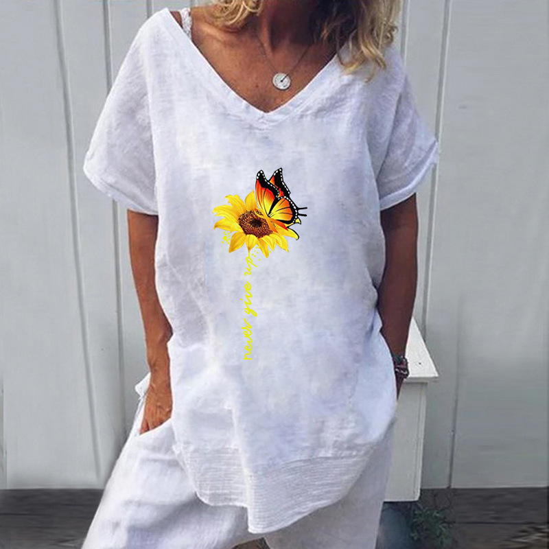 2021 High quality Womens Casual Cotton Linen Blouse Shirt Summer V-neck Short Sleeve Blusa Women 2XL New Fashion