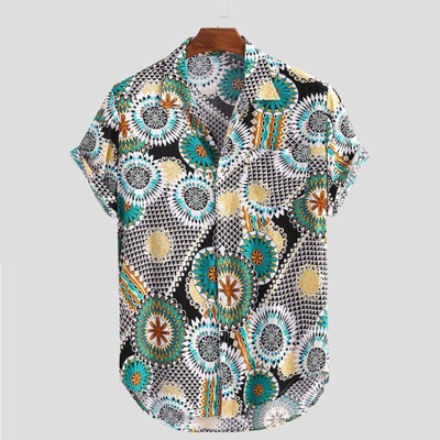 2021 High quality Stylish Hot Sale Mens Vintage Ethnic Printed Turn Down Collar Short Sleeve Loose Casual Shirt Top