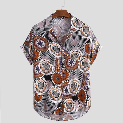2021 High quality Stylish Hot Sale Mens Vintage Ethnic Printed Turn Down Collar Short Sleeve Loose Casual Shirt Top