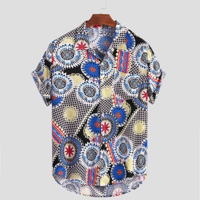 2021 High quality Stylish Hot Sale Mens Vintage Ethnic Printed Turn Down Collar Short Sleeve Loose Casual Shirt Top