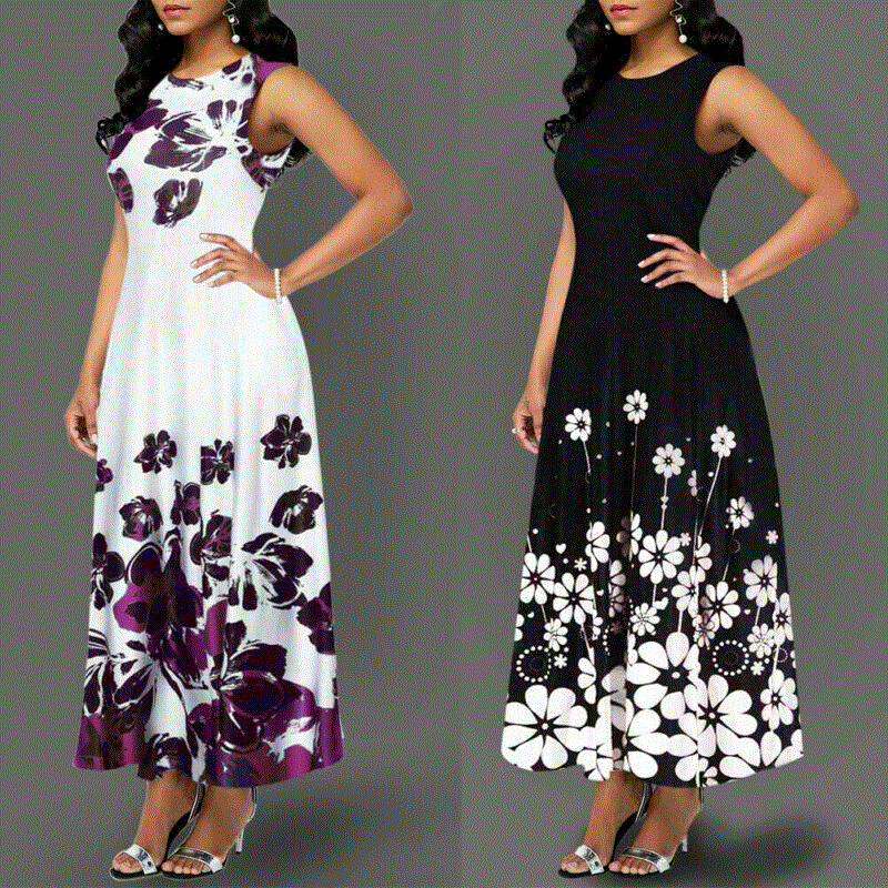 2021 High quality Summer Elegant Women Sleeveless Floral Print Long Maxi Dress Evening Party Dress Summer Sundress Costume