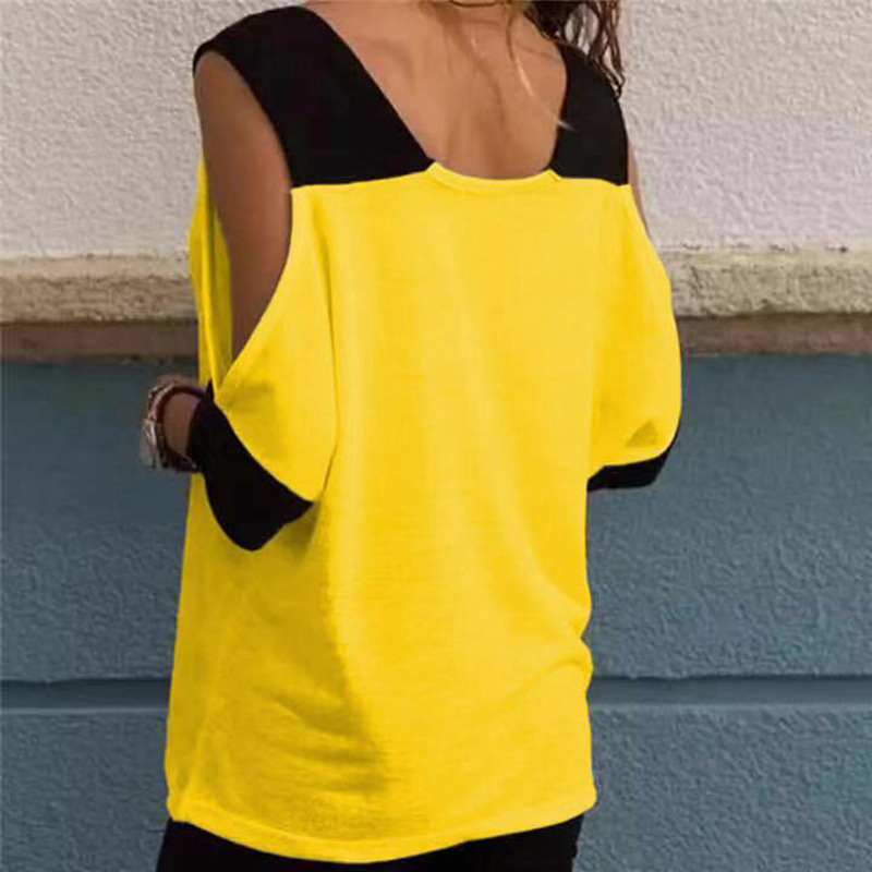 2021 High quality Women Cold Shoulder Summer Blouse Sexy V Neck Top Casual Patchwork Off Shoulder Shirt Tops Plus Size