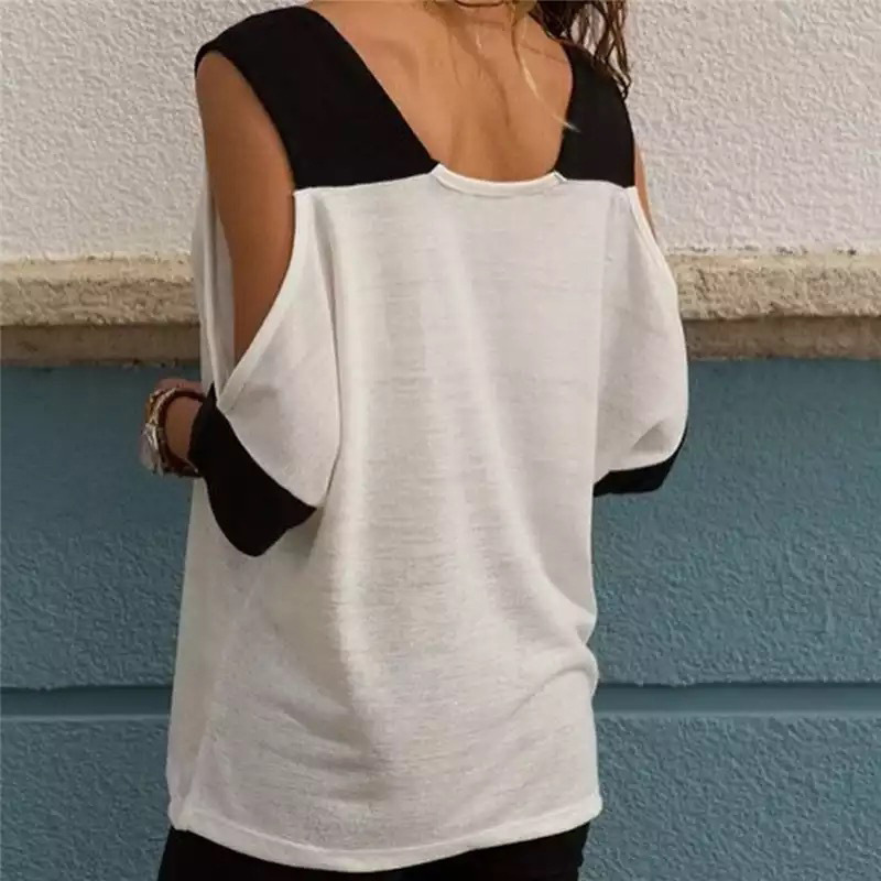 2021 High quality Women Cold Shoulder Summer Blouse Sexy V Neck Top Casual Patchwork Off Shoulder Shirt Tops Plus Size