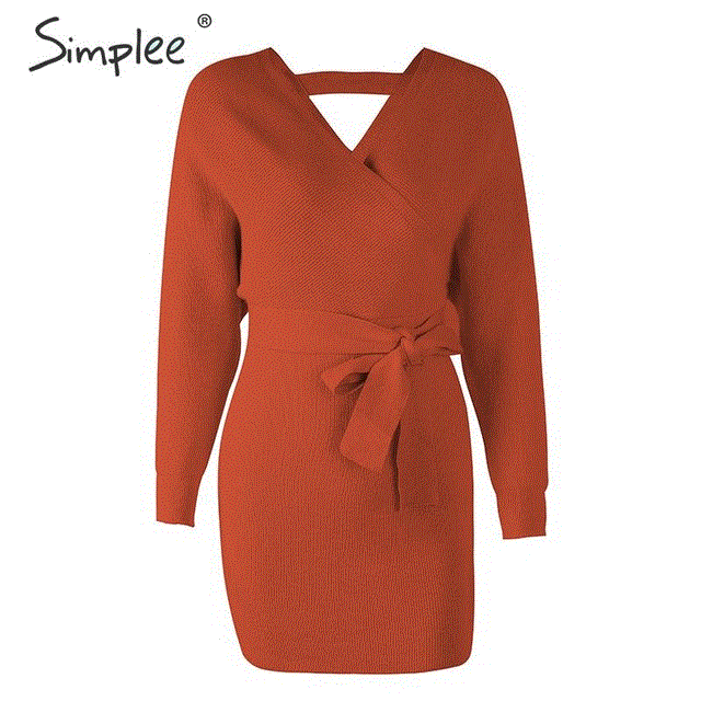 2021 High quality Women high waist v-neck belt knitted dress Casual ladies vintage sexy dress