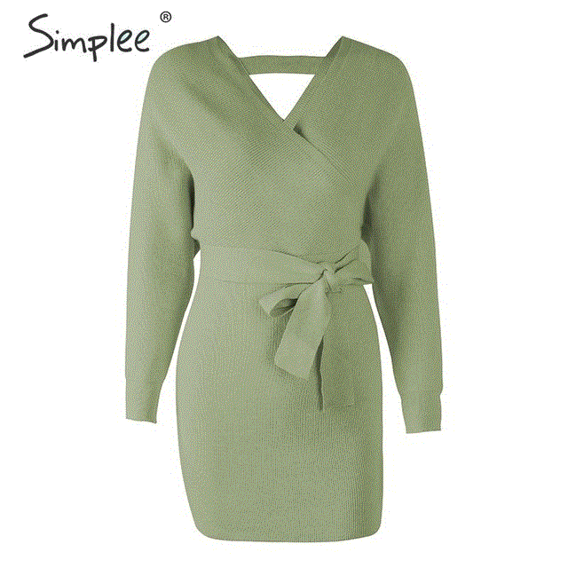 2021 High quality Women high waist v-neck belt knitted dress Casual ladies vintage sexy dress