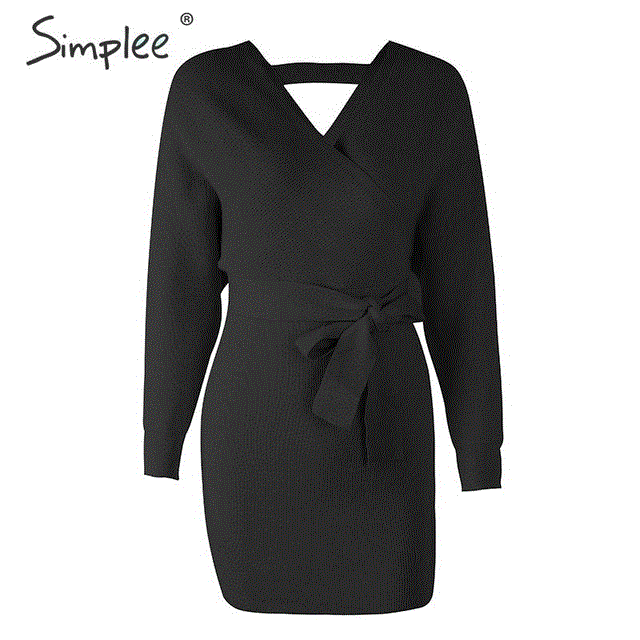 2021 High quality Women high waist v-neck belt knitted dress Casual ladies vintage sexy dress