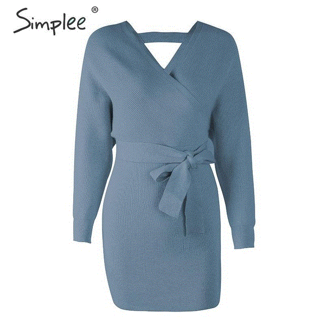 2021 High quality Women high waist v-neck belt knitted dress Casual ladies vintage sexy dress