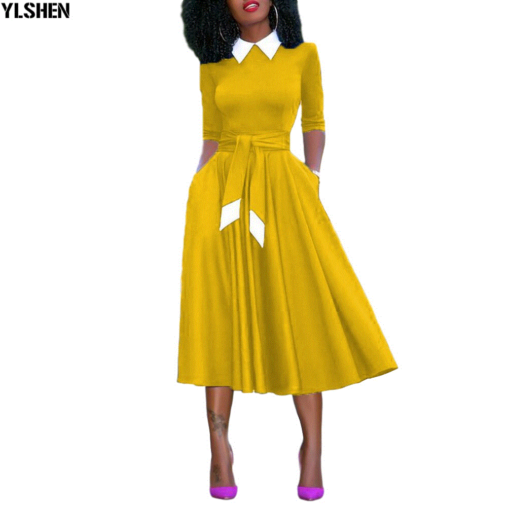 2021 High quality Plus Size Pleated African Dresses Waist Belt Office Lady Clothes Fashion Autumn Robe Africaine Femme