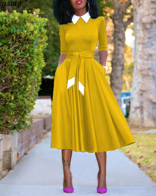 2021 High quality Plus Size Pleated African Dresses Waist Belt Office Lady Clothes Fashion Autumn Robe Africaine Femme