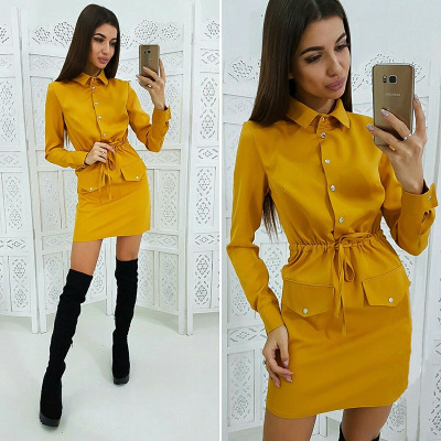 2021 High quality Women Autumn Casual Button Shirt Dress Turn Down Collar Long Sleeve Elastic Waist Ladies Slim Dress