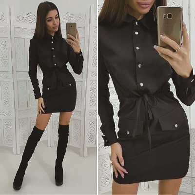 2021 High quality Women Autumn Casual Button Shirt Dress Turn Down Collar Long Sleeve Elastic Waist Ladies Slim Dress