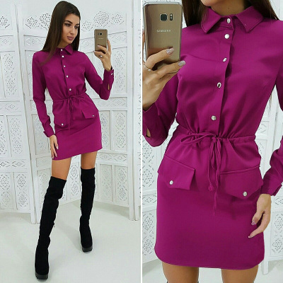 2021 High quality Women Autumn Casual Button Shirt Dress Turn Down Collar Long Sleeve Elastic Waist Ladies Slim Dress