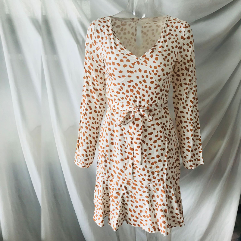 2021 High quality Women Autumn Print Ruffles Wrap Mini Dress Winter Casual Slim V Neck Long Sleeve A-Line Dresses