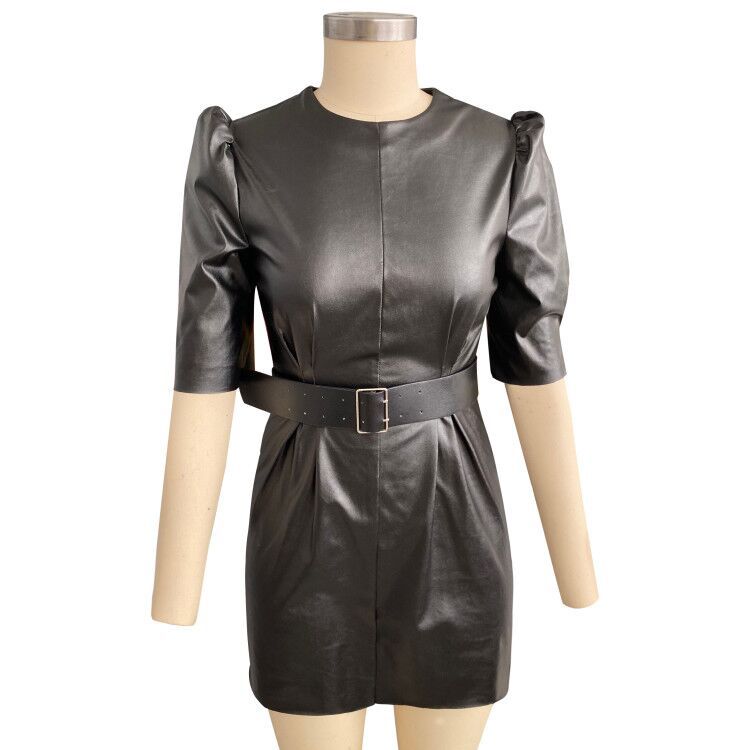 2021 High quality Summer PU Leather Short Dress With Belt Women Casual Puff Sleeve Mini Bodycon Dress Female Clothing