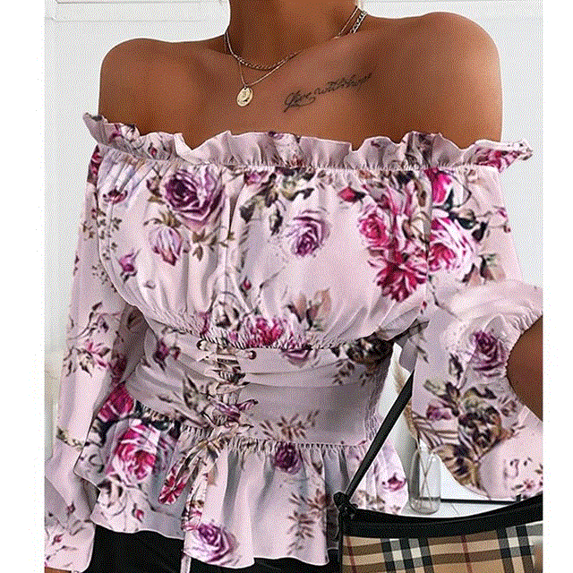 2021 High quality Women Autumn Sexy Off Shoulder Lace up Blouse Shirt Casual Print Long Sleeve Tops Summer Shirred