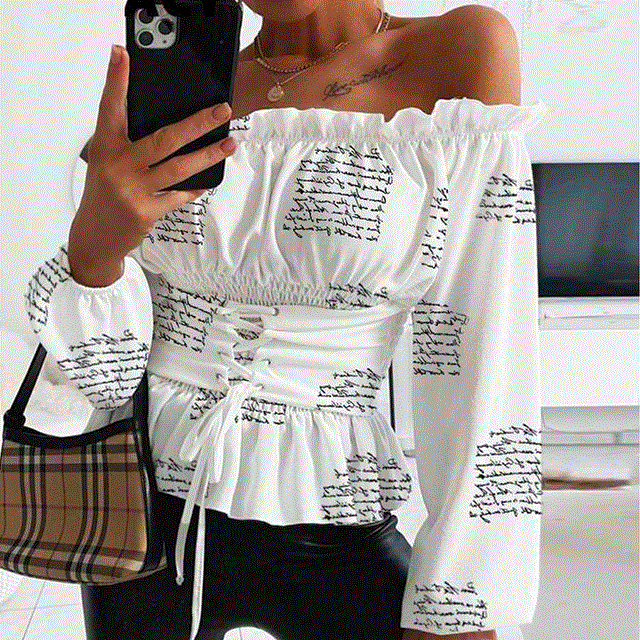 2021 High quality Women Autumn Sexy Off Shoulder Lace up Blouse Shirt Casual Print Long Sleeve Tops Summer Shirred