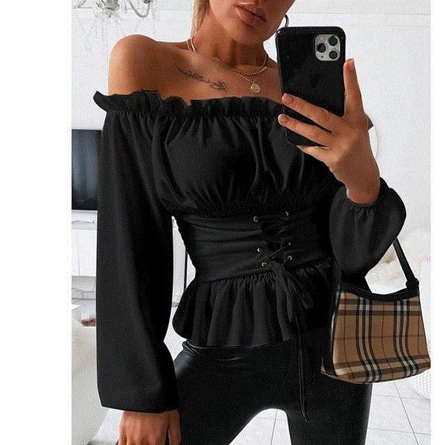 2021 High quality Women Autumn Sexy Off Shoulder Lace up Blouse Shirt Casual Print Long Sleeve Tops Summer Shirred