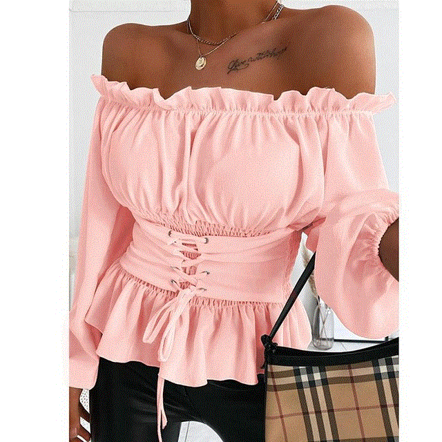 2021 High quality Women Autumn Sexy Off Shoulder Lace up Blouse Shirt Casual Print Long Sleeve Tops Summer Shirred