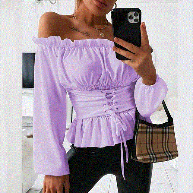 2021 High quality Women Autumn Sexy Off Shoulder Lace up Blouse Shirt Casual Print Long Sleeve Tops Summer Shirred