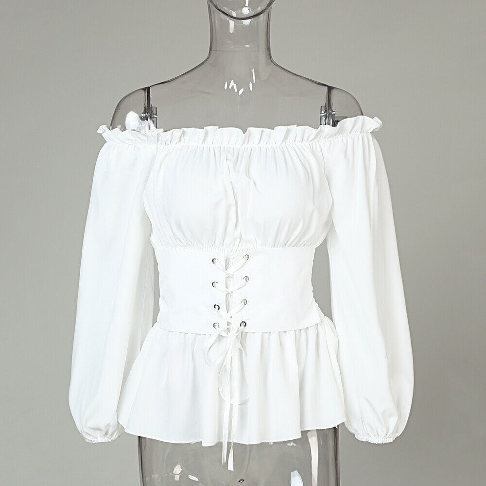 2021 High quality Women Autumn Sexy Off Shoulder Lace up Blouse Shirt Casual Print Long Sleeve Tops Summer Shirred