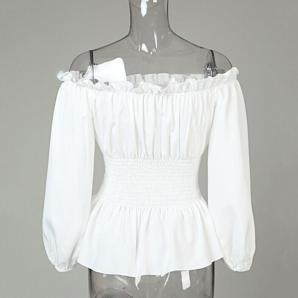 2021 High quality Women Autumn Sexy Off Shoulder Lace up Blouse Shirt Casual Print Long Sleeve Tops Summer Shirred