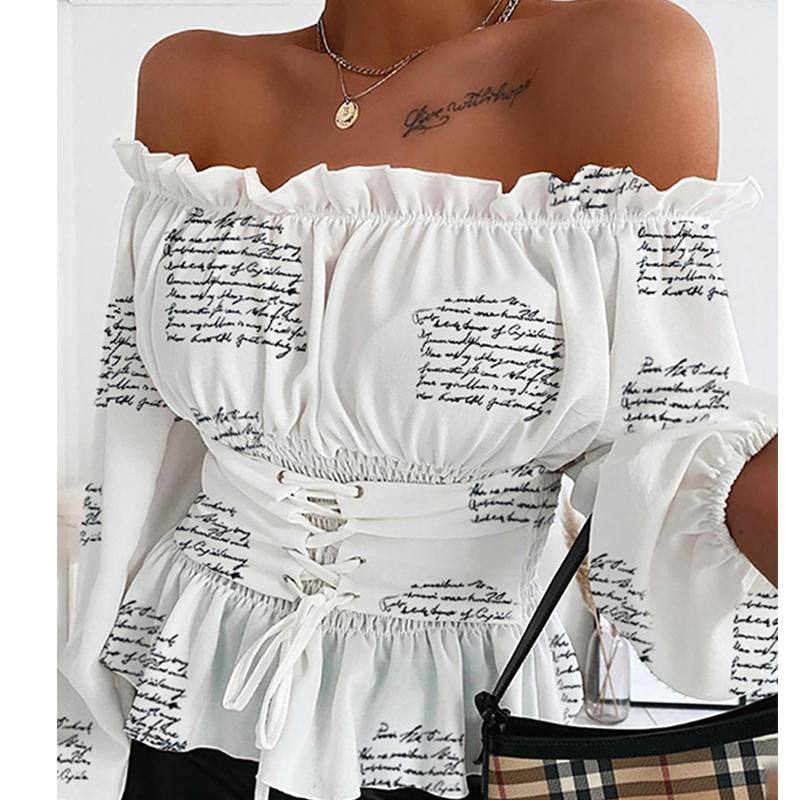 2021 High quality Women Autumn Sexy Off Shoulder Lace up Blouse Shirt Casual Print Long Sleeve Tops Summer Shirred
