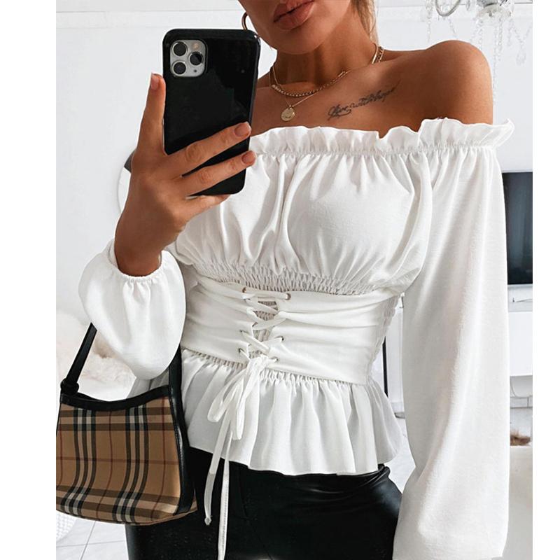 2021 High quality Women Autumn Sexy Off Shoulder Lace up Blouse Shirt Casual Print Long Sleeve Tops Summer Shirred