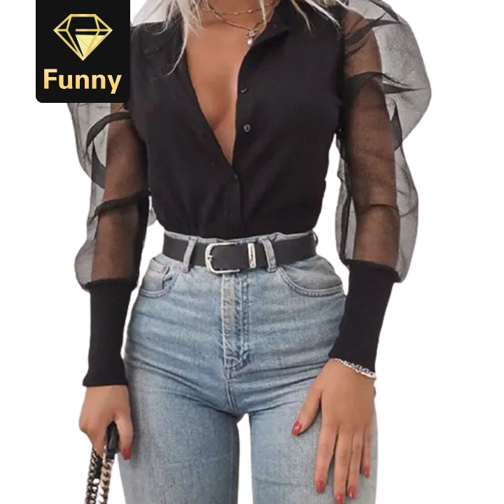 2021 High quality Women Sexy Neck Tulle Ruffle Shirts Ladies Loose Casual Mesh Long Sleeve Tops V-Neck Blouse Tees