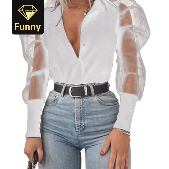 2021 High quality Women Sexy Neck Tulle Ruffle Shirts Ladies Loose Casual Mesh Long Sleeve Tops V-Neck Blouse Tees