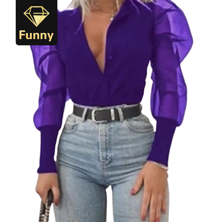 2021 High quality Women Sexy Neck Tulle Ruffle Shirts Ladies Loose Casual Mesh Long Sleeve Tops V-Neck Blouse Tees