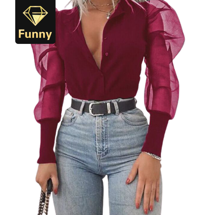 2021 High quality Women Sexy Neck Tulle Ruffle Shirts Ladies Loose Casual Mesh Long Sleeve Tops V-Neck Blouse Tees