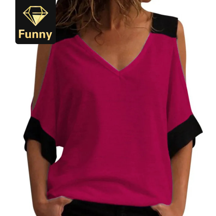 2021 High quality Women Cold Shoulder Summer Blouse Sexy V Neck Top Casual Patchwork Off Shoulder Shirt Tops Plus Size