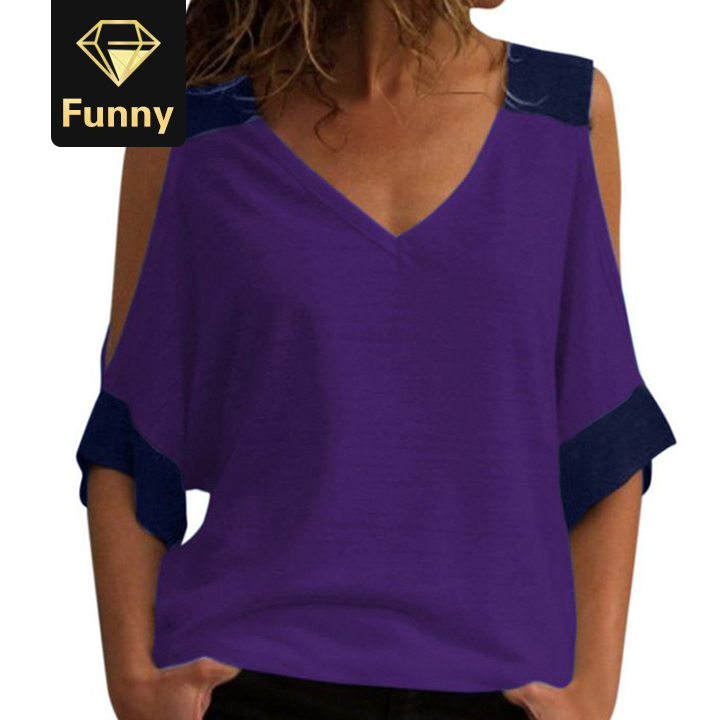 2021 High quality Women Cold Shoulder Summer Blouse Sexy V Neck Top Casual Patchwork Off Shoulder Shirt Tops Plus Size