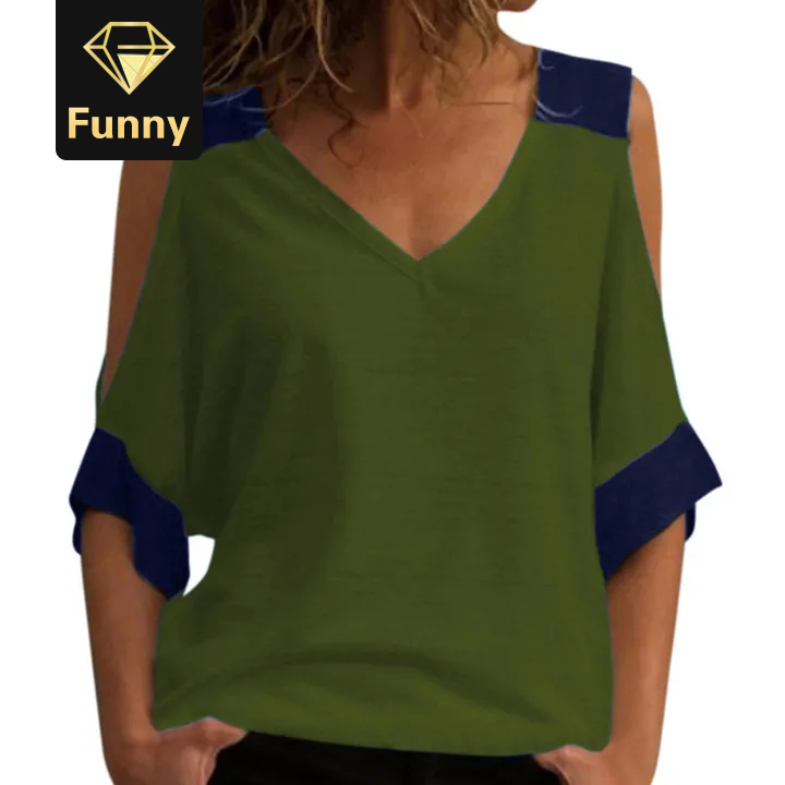 2021 High quality Women Cold Shoulder Summer Blouse Sexy V Neck Top Casual Patchwork Off Shoulder Shirt Tops Plus Size