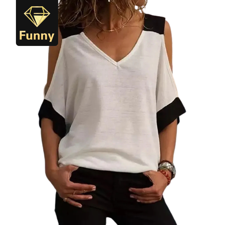 2021 High quality Women Cold Shoulder Summer Blouse Sexy V Neck Top Casual Patchwork Off Shoulder Shirt Tops Plus Size