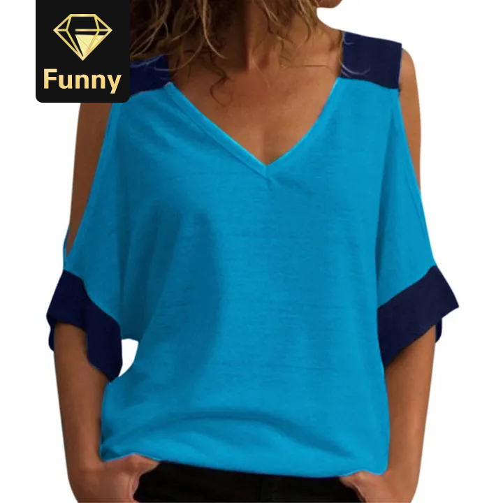 2021 High quality Women Cold Shoulder Summer Blouse Sexy V Neck Top Casual Patchwork Off Shoulder Shirt Tops Plus Size
