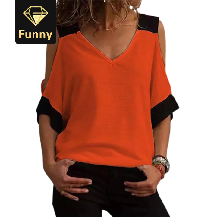 2021 High quality Women Cold Shoulder Summer Blouse Sexy V Neck Top Casual Patchwork Off Shoulder Shirt Tops Plus Size
