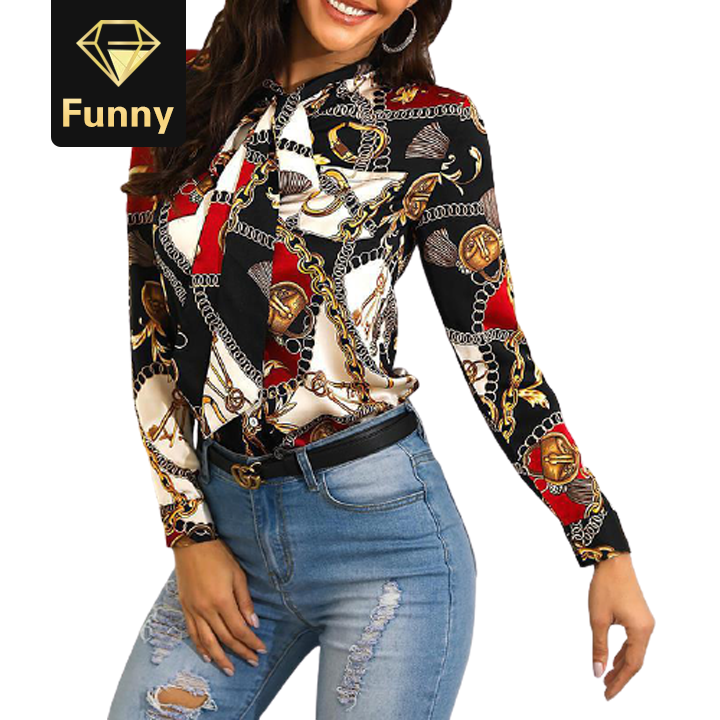 2021 High quality Explosion models fashion chain printing ladies shirt neckline with long-sleeved casual shirt tops