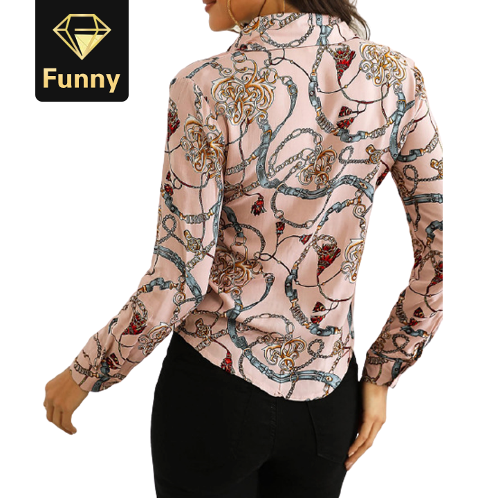 2021 High quality Explosion models fashion chain printing ladies shirt neckline with long-sleeved casual shirt tops