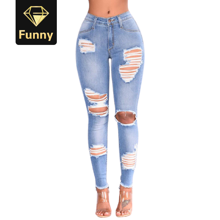 2021 High quality Lady Skinny Hole Denim woman jeans high waist Stretch Slim Pants Calf Length Jeans spodnie damskie