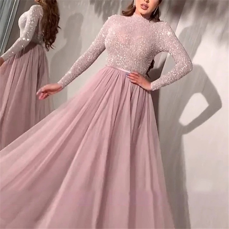2021 High quality Mesh Maxi Dress Elegant Party Sequin Dresses Pink Lace Women Dress