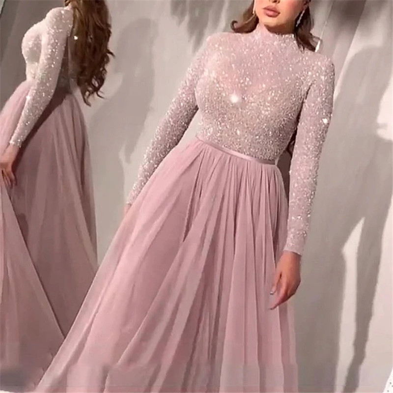 2021 High quality Mesh Maxi Dress Elegant Party Sequin Dresses Pink Lace Women Dress